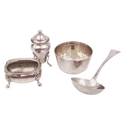  Group of silver, comprising William IV sauce ladle, hallmarked Jonathan Hayne, London 1832, a Victorian sugar bowl, an Edwardian pepper shaker and an early 20th century open salt, all hallmarked 