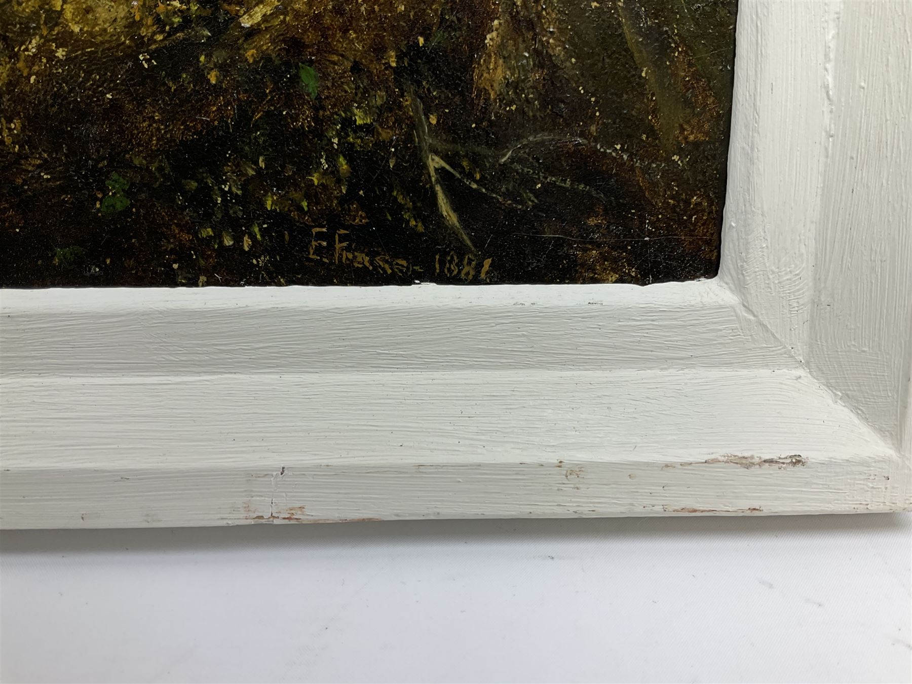 E Fraser (Scottish 19th century): Picnic Next to Roaring Waterfall, oil on board signed and dated 1884, 29cm x 44cm