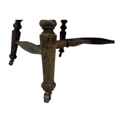 Victorian elm captains smokers bow chair, spindle turned tub shaped back, saddle seat, seat height 41cm