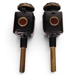 Pair of brass and toleware carriage lamps, the traditional chimney over a rectangular form body with bevelled glass, reflective panels, and rear circular red reverse light, H43cm