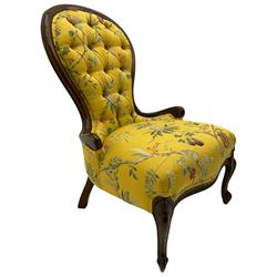 Victorian style beech framed nursing chair, upholstered in French embroidered pale gold fabric  