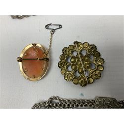 9ct gold cameo brooch, silver Albertina chain, pinch back cameo brooch and a ladies Indersoli watch 