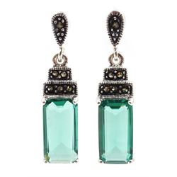 Pair of silver green stone and marcasite stepped pendant stud earrings, stamped 925