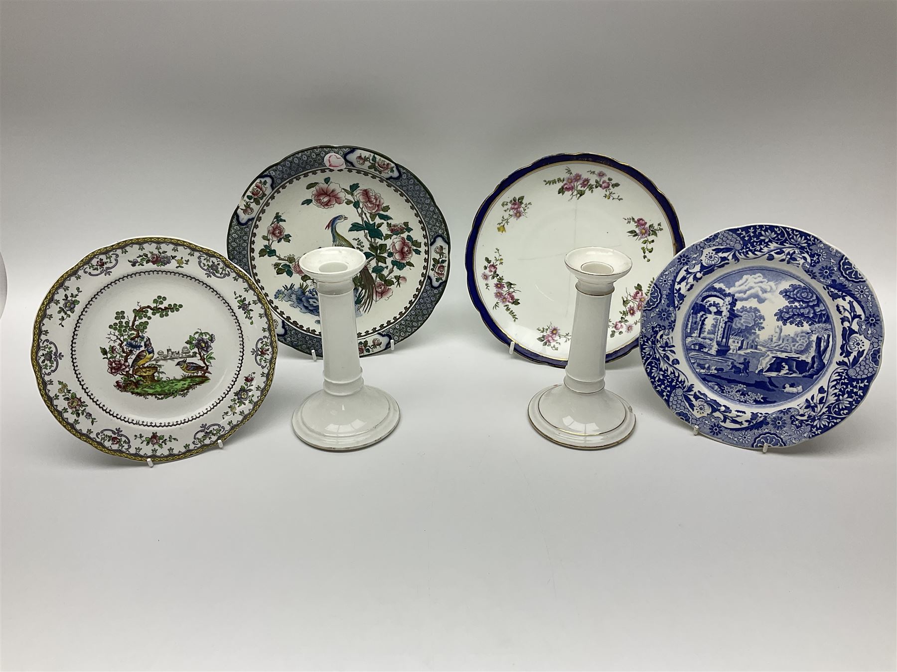 Royal Crown Derby Brocade pattern jug and sugar bowl, together with a similar gilt floral pattern bowl, three graduating Staffordshire style pearlware cottage jugs, Leeds Pottery model cottage and other ceramics and glassware, etc