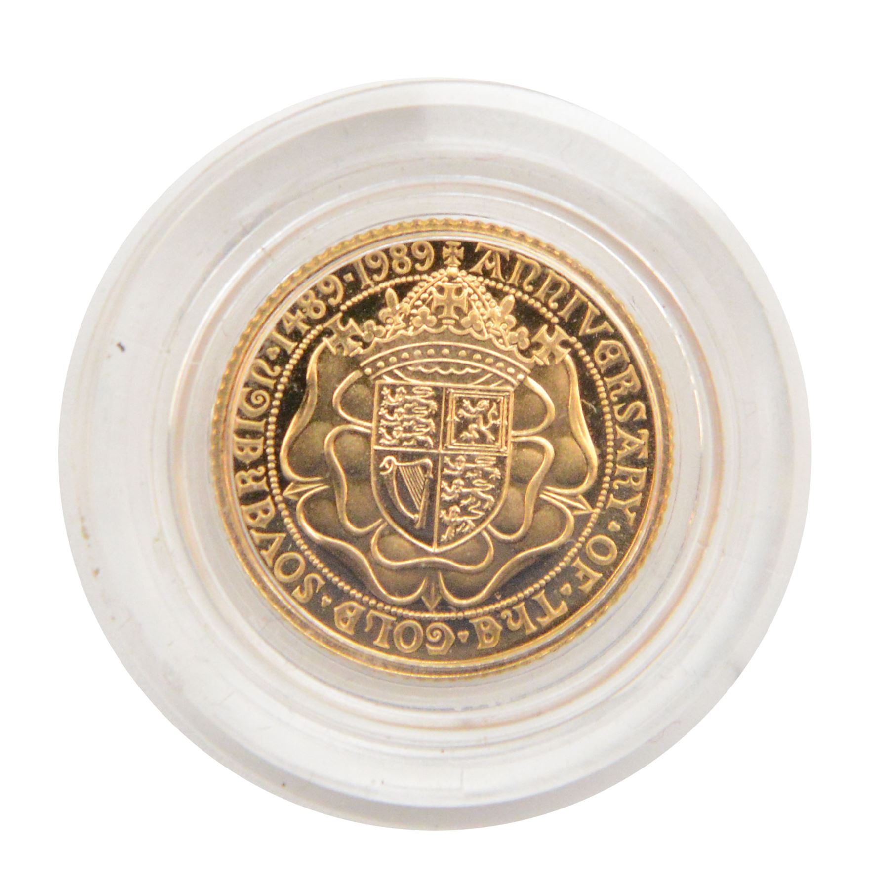 Queen Elizabeth II 1989 '500th Anniversary of the First Gold Sovereign' gold proof half sovereign coin, cased with certificate