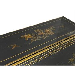 Early 20th century Chinoiserie lacquered bureau, raised gilt decoration, fall front enclosing divisions and drawer, three graduating long drawers, on cabriole supports