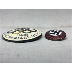 WW2 German NSDAP Party members enamel pin badge by RZM numbered M1/90; and 1936 XI Olympiade Berlin enamel badge by H. Osang, Dresden (2)