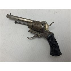 19th century Belgian 7mm pin-fire six-shot revolver with engraved action, folding trigger and ornate grips, ELG proof marks, No.4562 L20cm