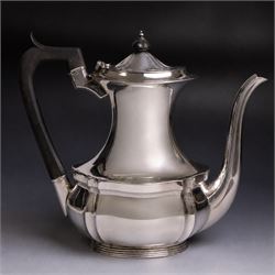 Edwardian silver coffee pot, of part fluted form with ebonised handle and finial, hallmark...