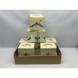 Collection of eight Disney Pooh and Friends figures, comprising Hip, hip Poohray for birthdays, Tricks and treats for someone sweet, We'll share forever whatever the weather, Thanks for being a Caring Sort of Bear, Now it's perfect just like you, Have a red-shirt red letter day, Life is sweet and I love you Mama, all with boxes