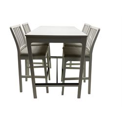 IKEA - 'Ekedalen' bistro set, rectangular table raised on chamfered supports (W121cm D80cm H106cm); and set four bar stools, stick back, in white finish