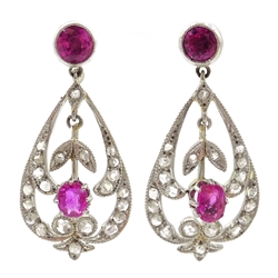 Pair of 18ct white gold ruby and diamond pendant ear-rings