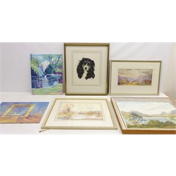  Border Collie, watercolour signed by Terry Logan (British 1938-), 'Taton Park', oil signed by M Davies, Abstracts, three oils by Norman Gedling and other watercolours and oils max 48cm x 67cm (12) some unframed   