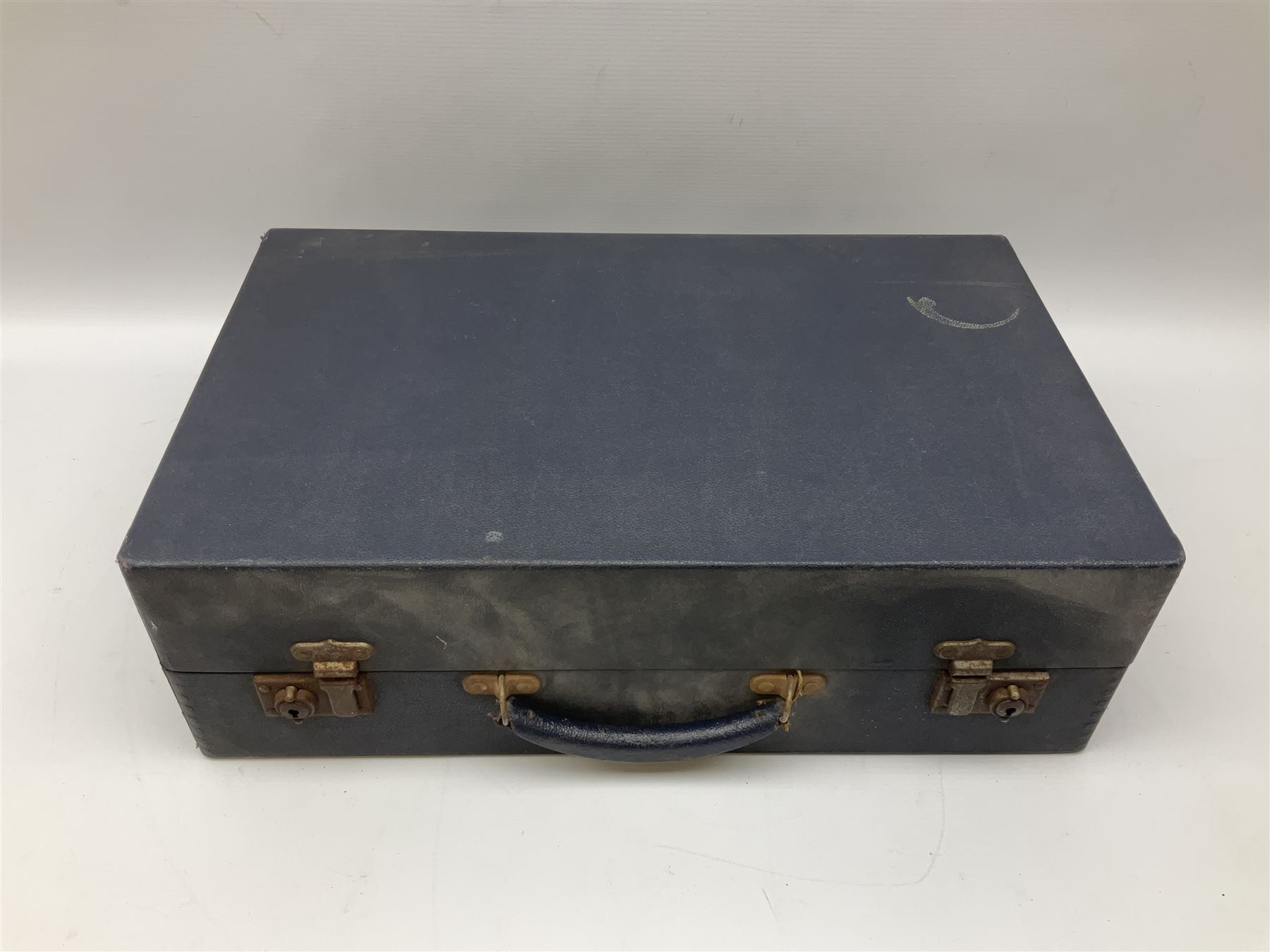 Vintage Harlequin picnic case, with tin sandwiches boxe, ceramic cups, plates, bowls and flatware for four settings, L48cm, H30cm