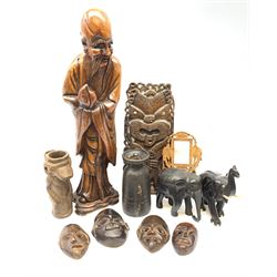 Zoomorphic vessel in the form of a horned animal H22cm, Maori carving, African carved masks, large Chinese carved figure of a Sage and other similar items 