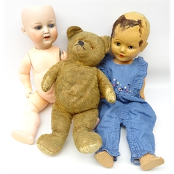  Armand Marseille bisque head doll with articulated composite body, impressed no. 996 A.12.M, L56cm, vintage jointed doll and straw filled plush teddy bear (3)  