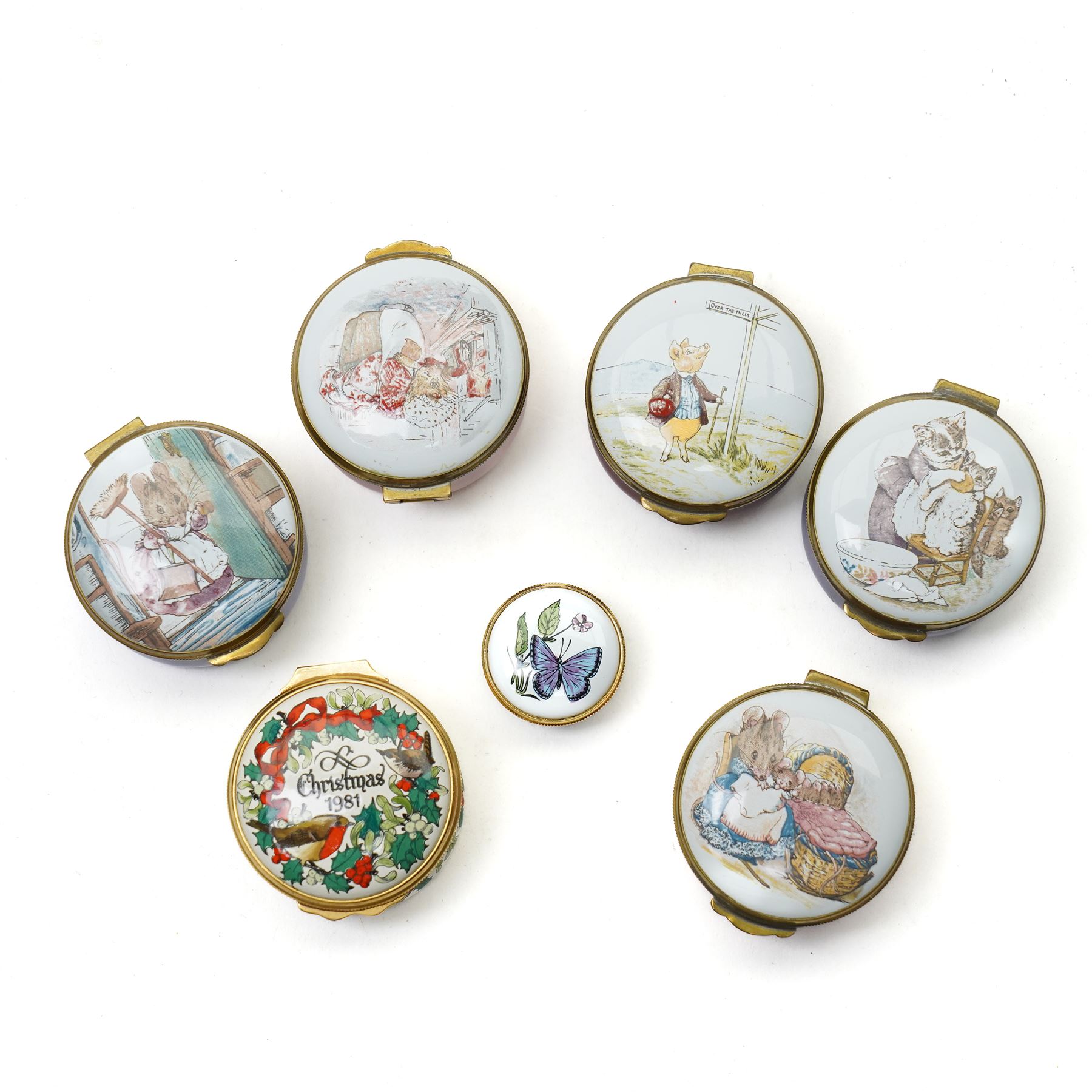 Five Crummles & Co Beatrix Potter enamel boxes, Thomas Goode Royal House of Windsor limited edition enamel box 83/500, boxed, Halcyon enamel box in the shape of a duck and five other enamel boxes (12)