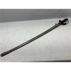 WW2 Japanese Model 1899 Type 32 'Ko' pattern cavalry sword, with 82.5cm single edged, slightly curved blade with narrow fuller, numbered 33825 to the ricasso; steel hilt with chequered backstrap and grip ears with wooden chequered grip and leather finger loop; locking action; in steel scabbard with single hanging ring L99.5cm overall