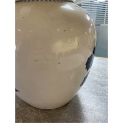 Late 19th century Chinese blue and white ginger jar, of ovoid form with flat topped circular cover, the body decorated with a geisha on reindeer with attendant in a landscape setting, with apocryphal Kangxi mark beneath, H24cm