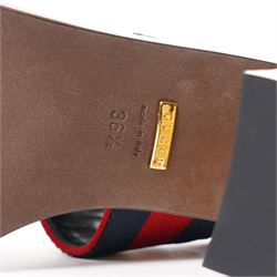 Gucci - pair of heeled sandals, with red suede front straps and indigo and red web stripe ankle straps with gold tone horse-bit detail, on bark-effect gilt block heels, size 36½, unused with original dust bags