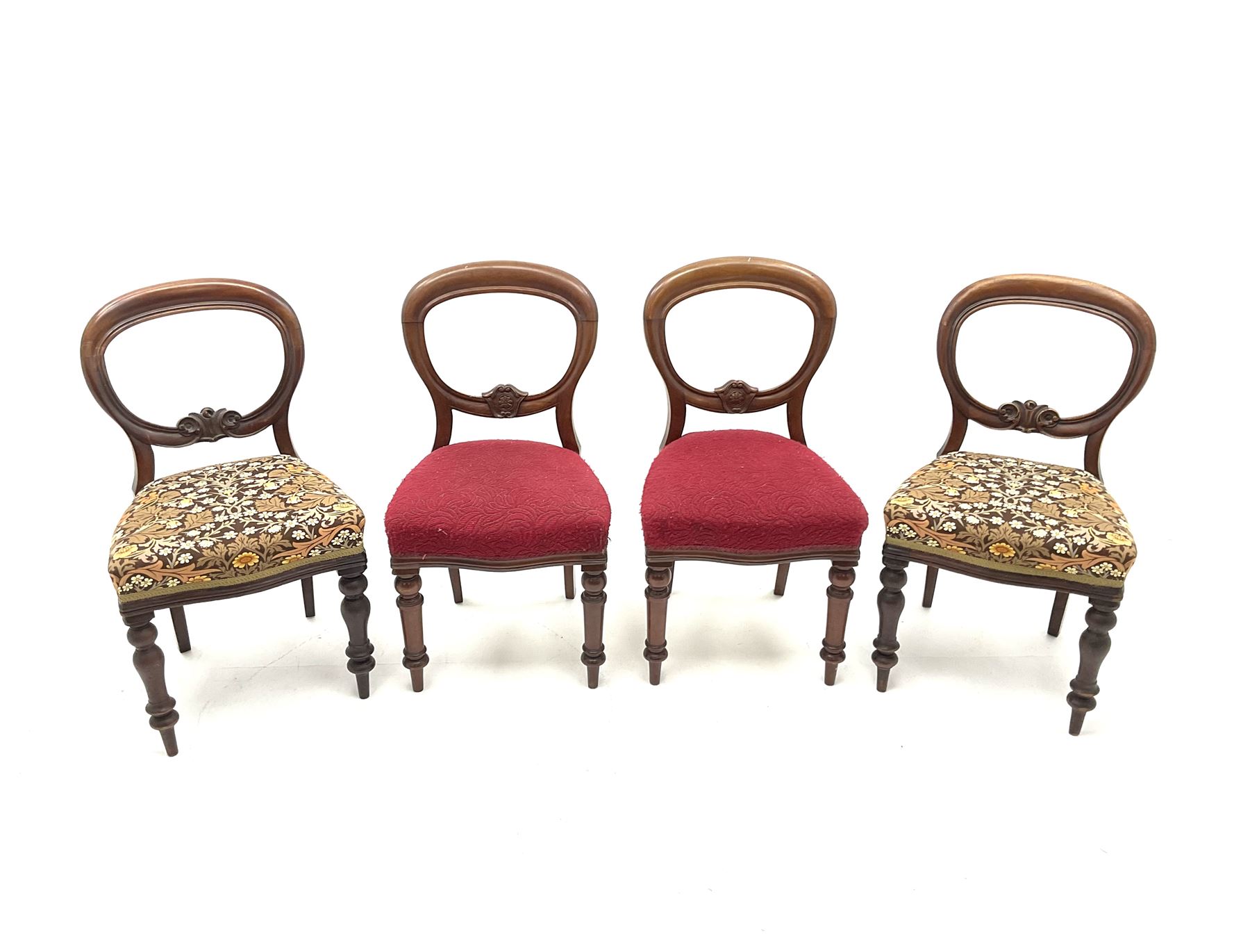 Four Victorian mahogany ballon back dining chair, upholstered seat, turned supports