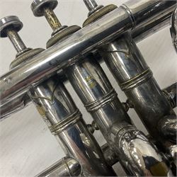 Victorian Class A silver plated trumpet retailed by Kitchen & Co,29 Queen Victoria Street Leeds, 1897 with mouthpiece/slide and in its original felt lined box
