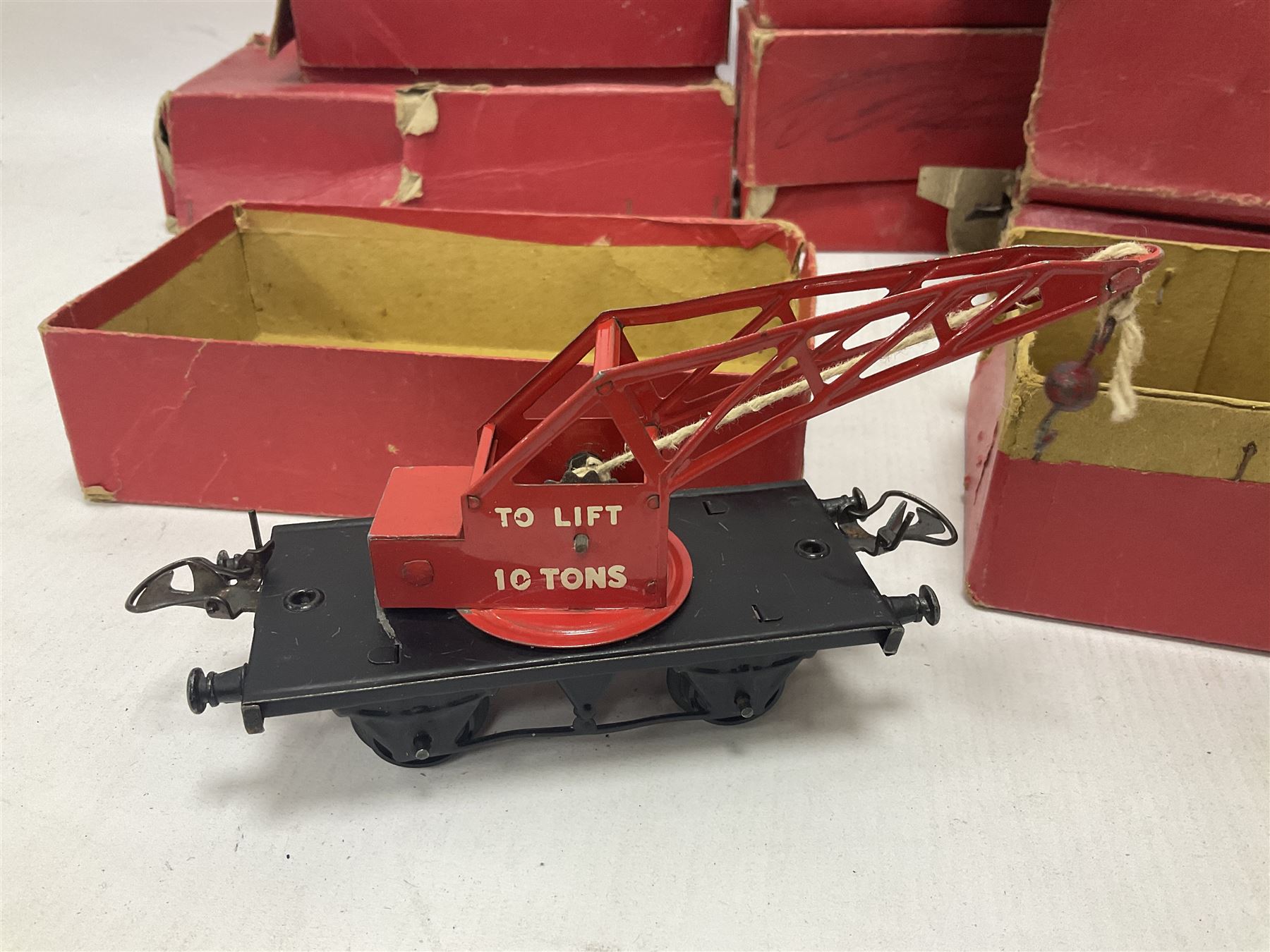 Hornby ‘0’ gauge - LNER 0-4-0 no.460 type 101 locomotive in green with key; further boxed ‘0’ gauge to include no.1 Crane Truck, no.2 single arm signals, open and closed goods wagons and cars; large quantity of track to include railway crossing, straight and curved track etc, in two boxes 