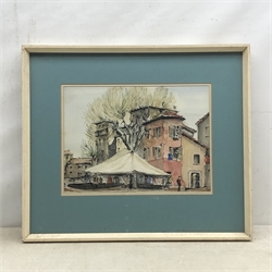 Continental School (Mid 20th century): Market Place with Tented Tree, pen and watercolour unsigned 27cm x 37cm