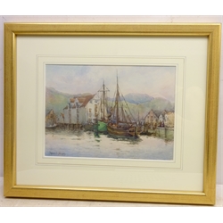  Fishing Boats at Dock, watercolour signed by Frances E Nesbitt (British 1864-1934) 24cm x 34cm  