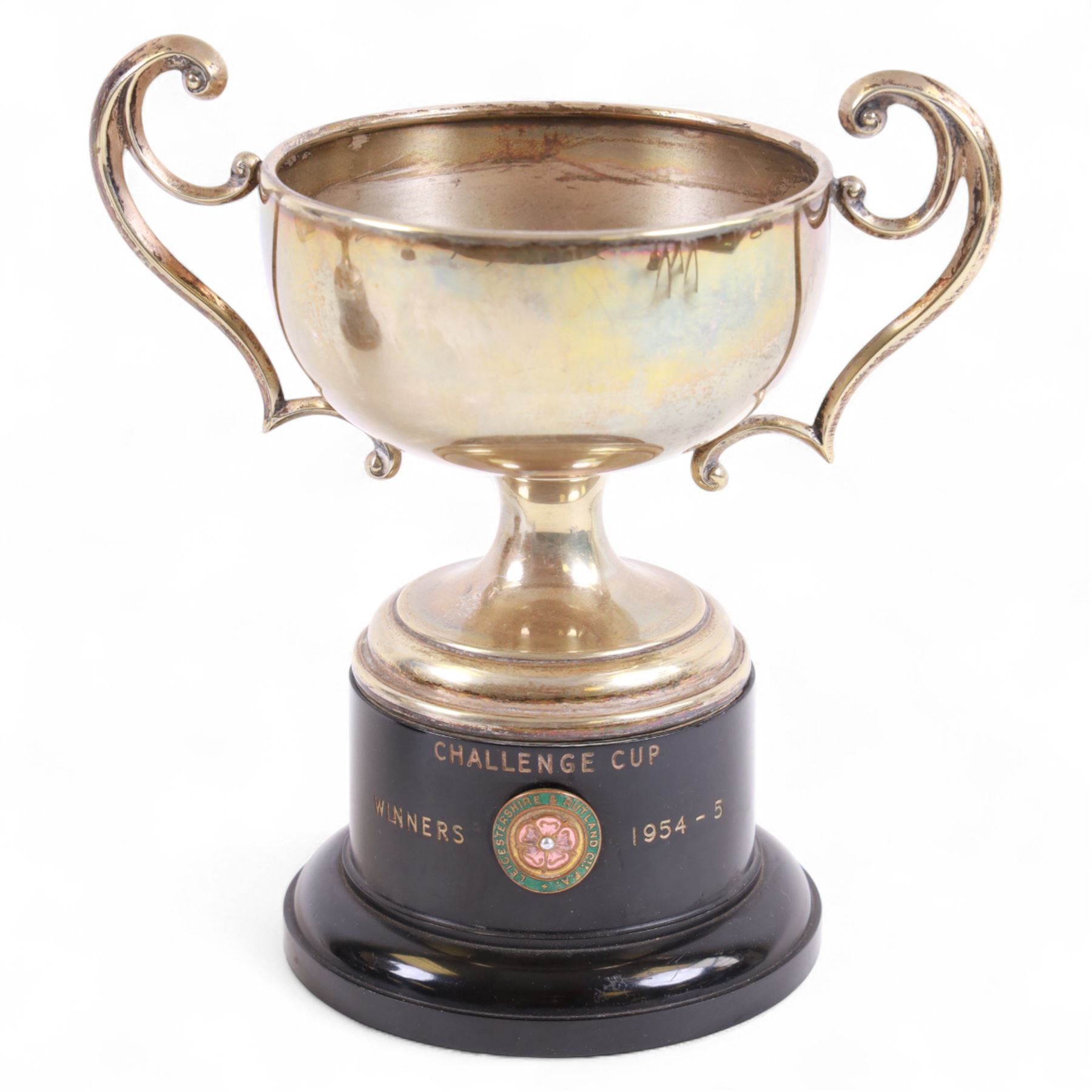Six 1950s Leicester & Rutland Football League and Challenge Cup  silver plated trophy cups and plaques, from the estate of former Leicester City player Colin Appleton, largest H18cm