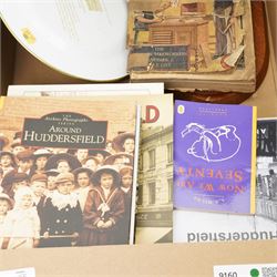 Various collection, including F.Remington's 'Rattlesnake', Royal Doulton Bunnykins plate, bowl mug and egg cup, three Corgi Die-Cast Model cars, Lenox China jewels Collection dolphin, two telescopes,  various local history books on Huddersfield and Yorkshire, Modern Wall Hanging Clan Crest for Elliot etc,  contents in two boxes 