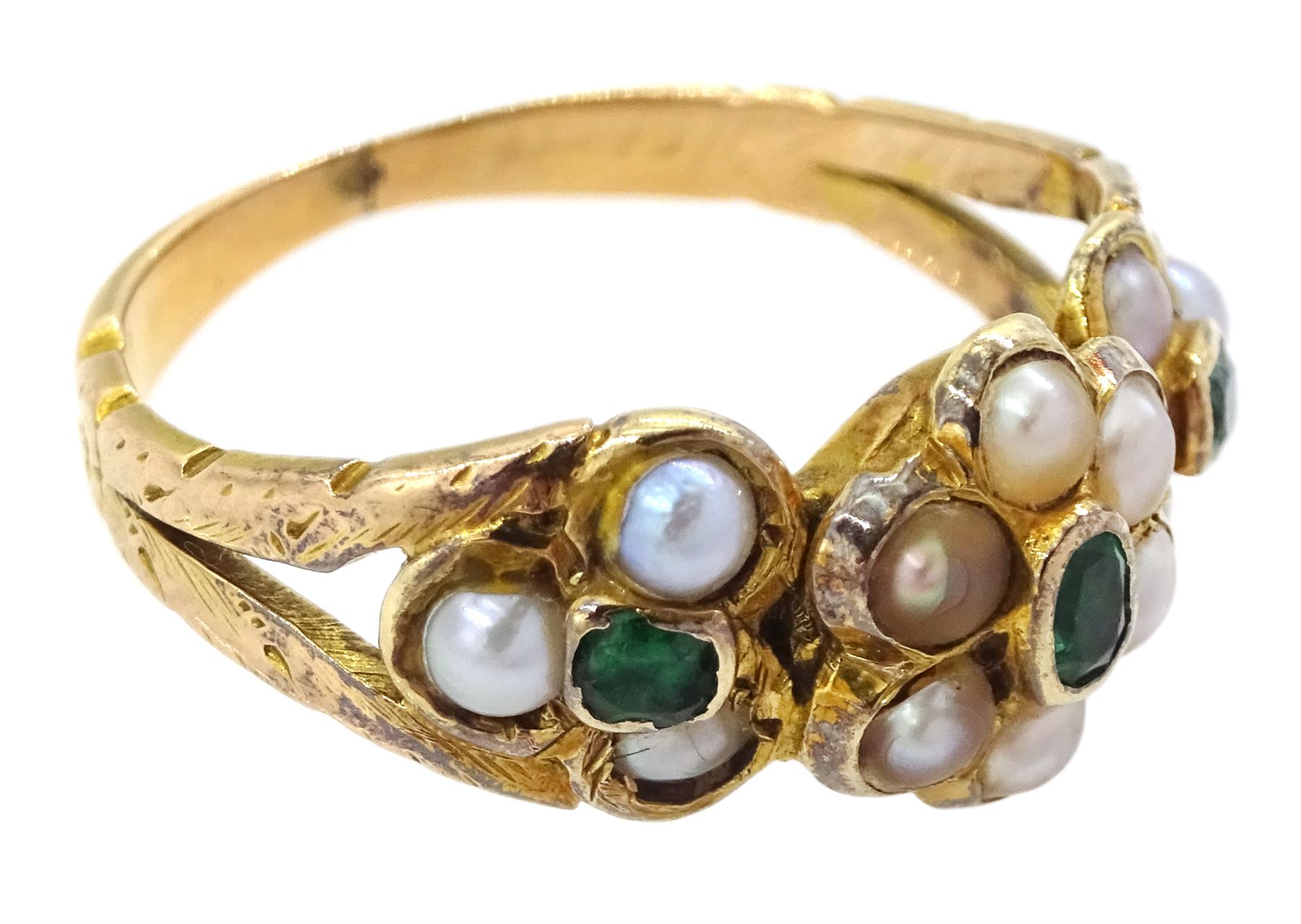 Victorian 15ct gold split pearl and green stone set flower head cluster ring