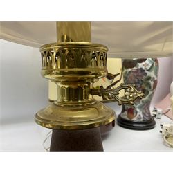 Collection of table lamps to include one of baluster form, decorated with fruit, one of squat, with a hand painted lampshade, and two standard lamps