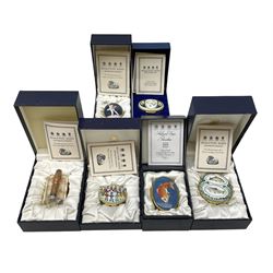 Group of Halcyon Days enamel boxes, to include Christopher Columbus example modelled as a cigar in an ashtray, example decorated with Koi fish 'based on a Chinese porcelain vase of the Kangxi period', example decorated with ''Dancer on a Stage' after an oil painting by Donald Hamilton Fraser RA', etc., each in fitted box, (6)