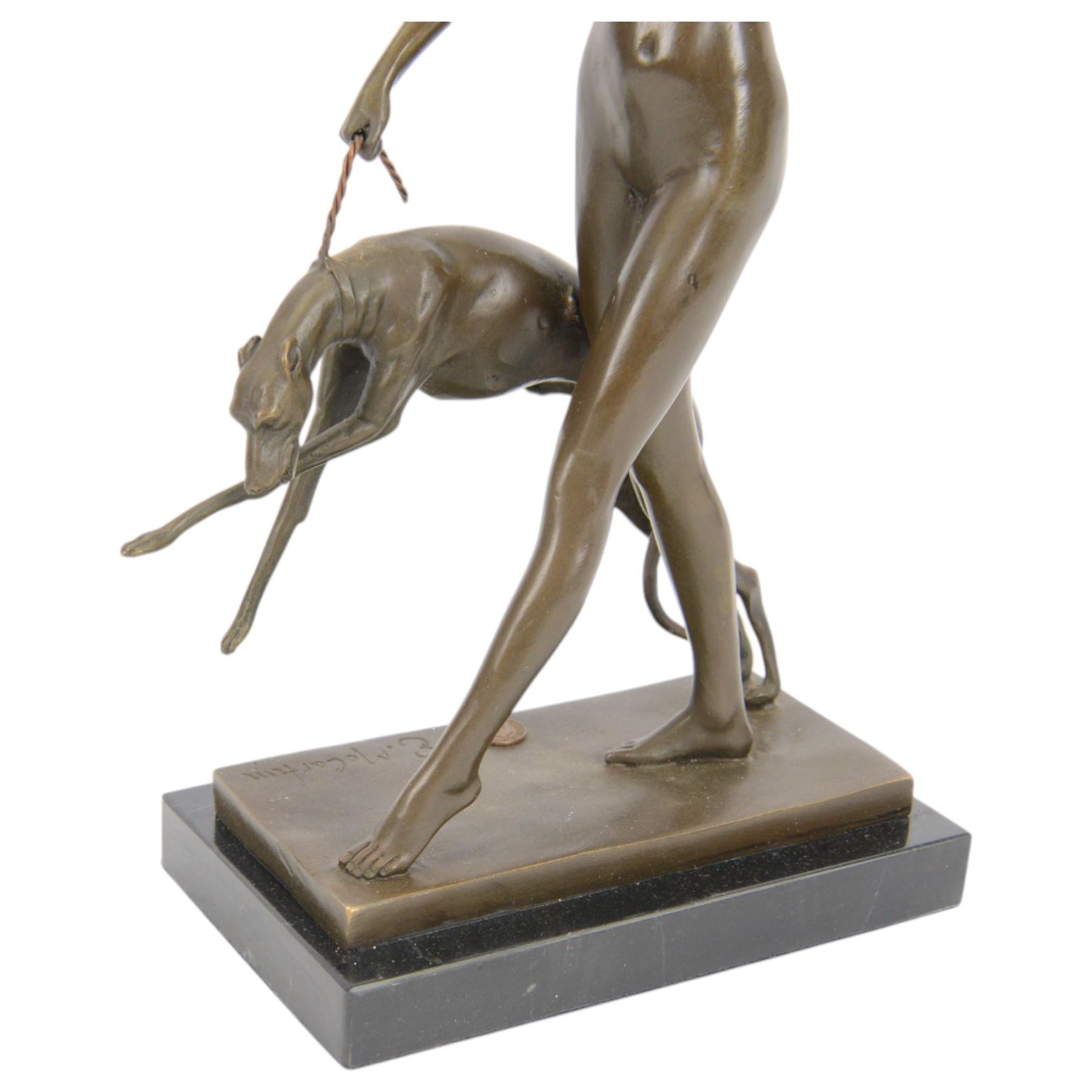 After Edward McCartan, Art Deco style bronze figure, Diana and the Hound upon a marble base, signed and with foundry mark, H31cm