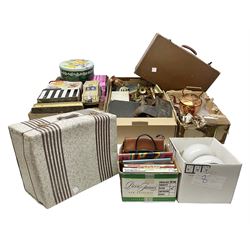 Collection of silver plated cased cutlery including part canteens and butter knives, together with other metal ware including J&J Siddons iron, horse brasses and a copper kettle, 1970s children's annuals including Beano, two handbags and three suitcases, vintage tins etc, in four boxes 