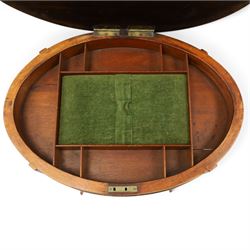 Edwardian inlaid satinwood oval sewing or work table, crossbanded and ebony-strung hinged top enclosing fitted compartment and olive-green upholstered well, raised on square tapering splayed supports united by under-tier 