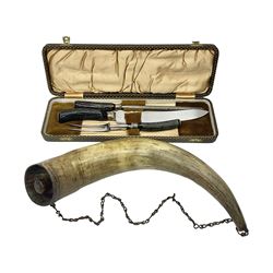 19th century horn powder flask, with chain handle, together with a cased antler handled carving set