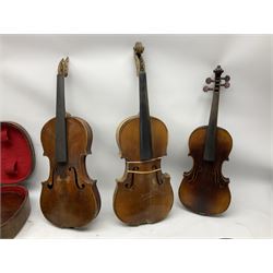 French violin for restoration with 36cm two-piece maple back and ribs and spruce top, bears label 'Lutherie Artistique M. Couturieux'; in wooden case; two modern three-quarter size violins in cases; and five violins for spares or repair