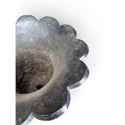 Pair of Victorian large scale cast iron garden urns, flared petal shaped rim with tapering waist, gadrooned base on square plinth, finished in black paint