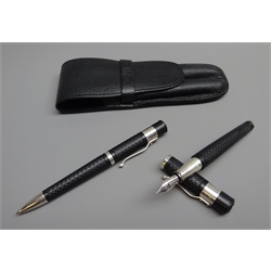  Writing Instruments - Yard O Led set of two fountain pen, with '18ct' gold nib and sterling silver hallmarked clip and matching ballpoint pen, cased (2)   