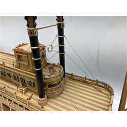 Hand built model of a river paddle steamer 'King of the Mississippi' and a sailing ship with three masts and unfurled sails, largest example H80cm, L101cm