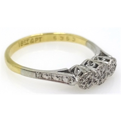  Three stone diamond gold ring, one similar both stamped 18ct PLAT and 9ct gold diamond heart band  