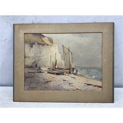 Charles William Adderton (British 1866-1944): Fishing Boats at Flamborough, watercolour signed 26cm x 35cm (unframed)
Provenance: direct from the family of the artist Harry Wanless 1872-1934, part of a collection never previously seen on the market
Notes: Adderton was a friend of the brothers Harry and Charles Wanless, all of whom studied under Albert Strange at the Scarborough School of Art School. Adderton had a studio at 55 Sandside, Scarborough between 1894 and 1901, he moved to Ockbrook Derby and later to Robin Hoods Bay where he was a member of the Fylingdales Group of Artists