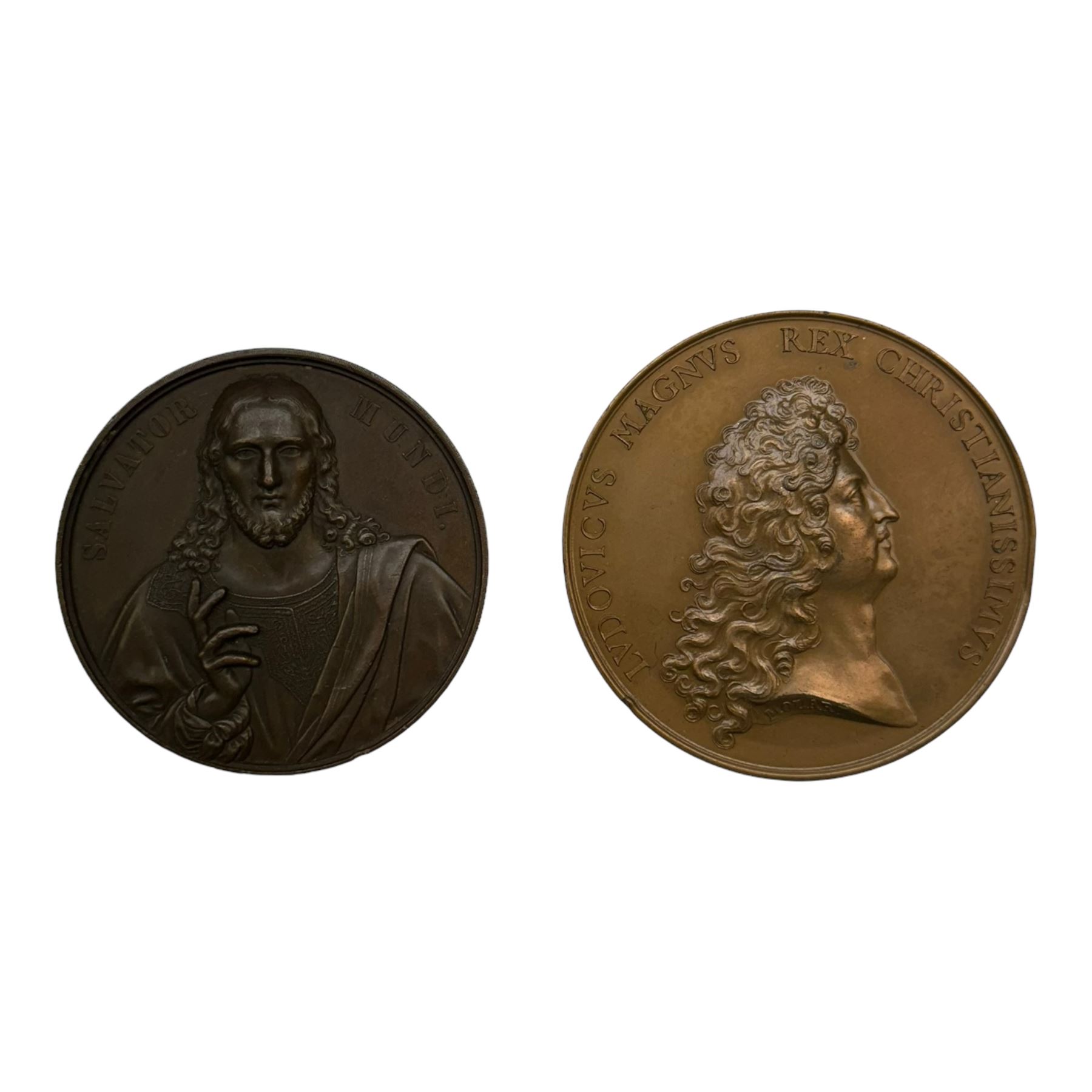 Copper medallion by Allen & Moore, decorated in relief with Christ holding up his hand in blessing inscribed 'Salvator Mundi', decorated verso with religious scene, inscribed 'Christus Consolator', together with a similar medallion, decorated in relief with Louis XIV, after Franz Molart, largest D7cm