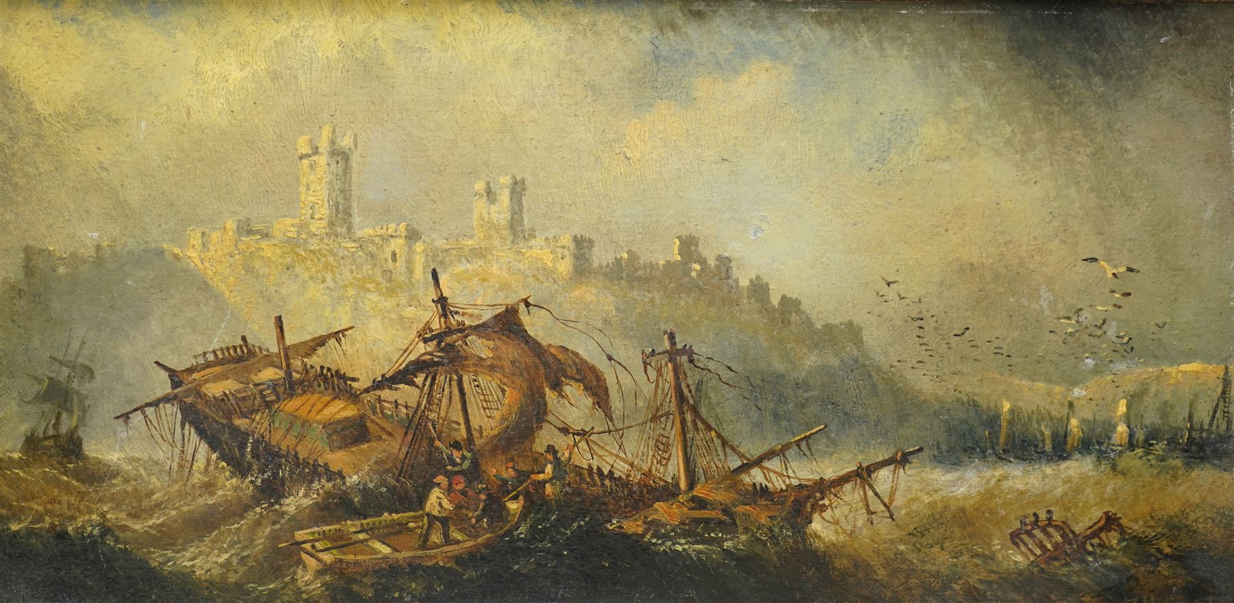 Claude Thomas Stanfield Moore (British 1853-1901): 'Fast on the Rocks off Dunstanborough (Dunstanburgh) Castle' - Northumberland, oil on board signed, signed titled and dated 1876 verso 17cm x 35cm