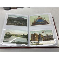 Nine albums containing a large quantity of Edwardian and later postcards, predominantly topographical, mostly printed but some real photographic including street scenes, comic, churches and interiors, novelty pull-outs, postmarks including British Empire Exhibition 1924 and paquebots, some modern reproductions etc (9)