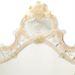 20th century Venetian glass wall mirror, the shaped plate within a mirrored frame applied with clear glass flowerheads and moulded glass edging, with etched floral decoration to the bevelled 'frameless' plates, the inner slip with ropetwist moulded glass