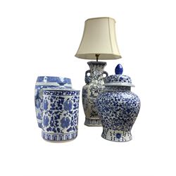 Large blue and white table lamp with crackle glaze together with vase and cover and two ot...