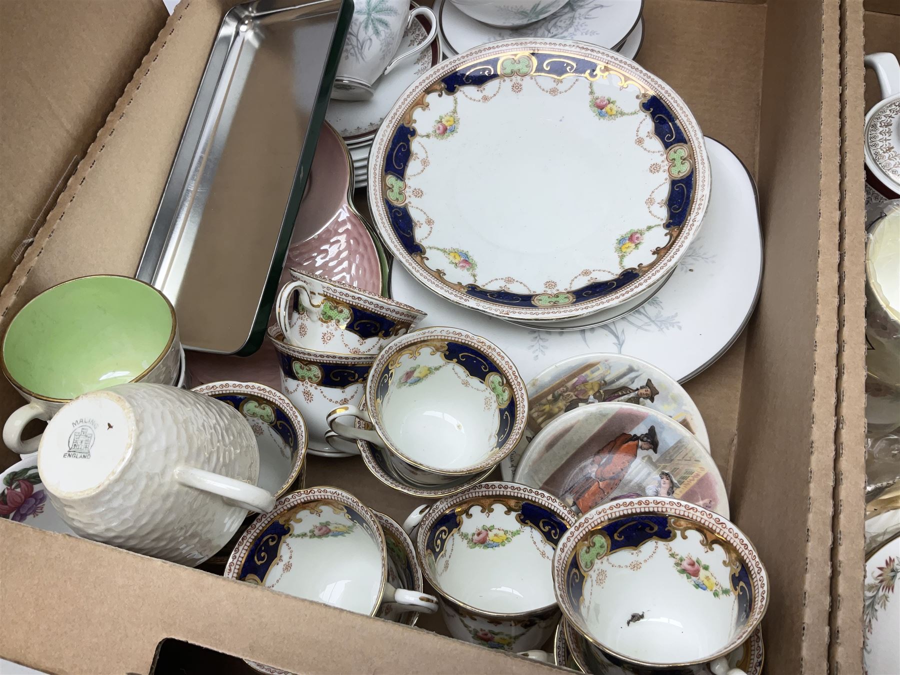 Collection of tea and dinner wares, to include Crown Clarence wares, two Maling cups and saucers, etc,  together with three Foley twin handled urns etc, in three boxes